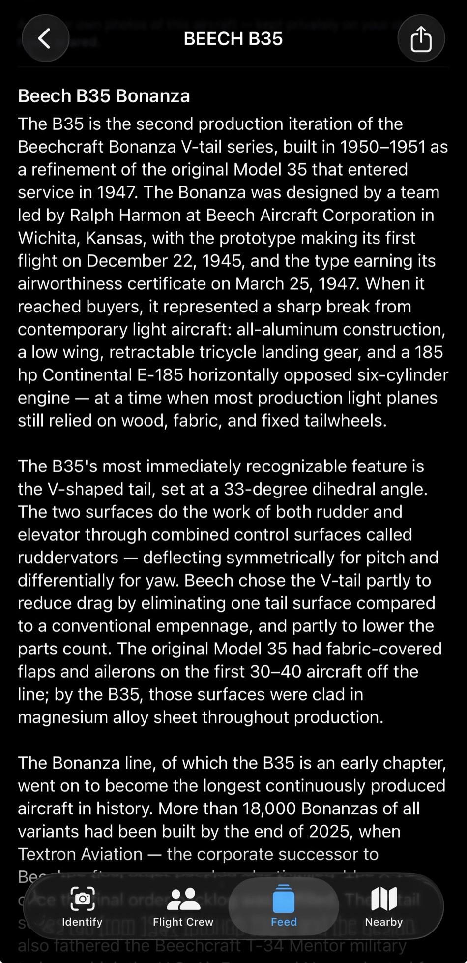 The same aircraft's tour-guide story in the app — the Beech B35 Bonanza's V-tail history, design, and production run